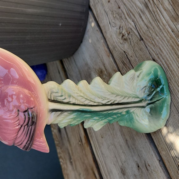 Vintage 1950's MCM Era Pink Flamingo Ceramic Figurine Green Palm Leaf Accents - Picture 7 of 15